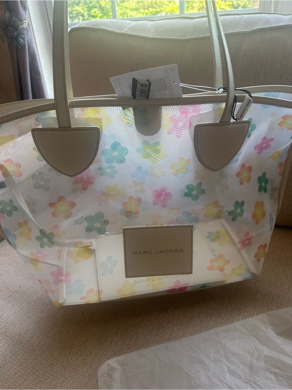 NWT MARC JACOBS large floral see through tote bag with leather pouch.